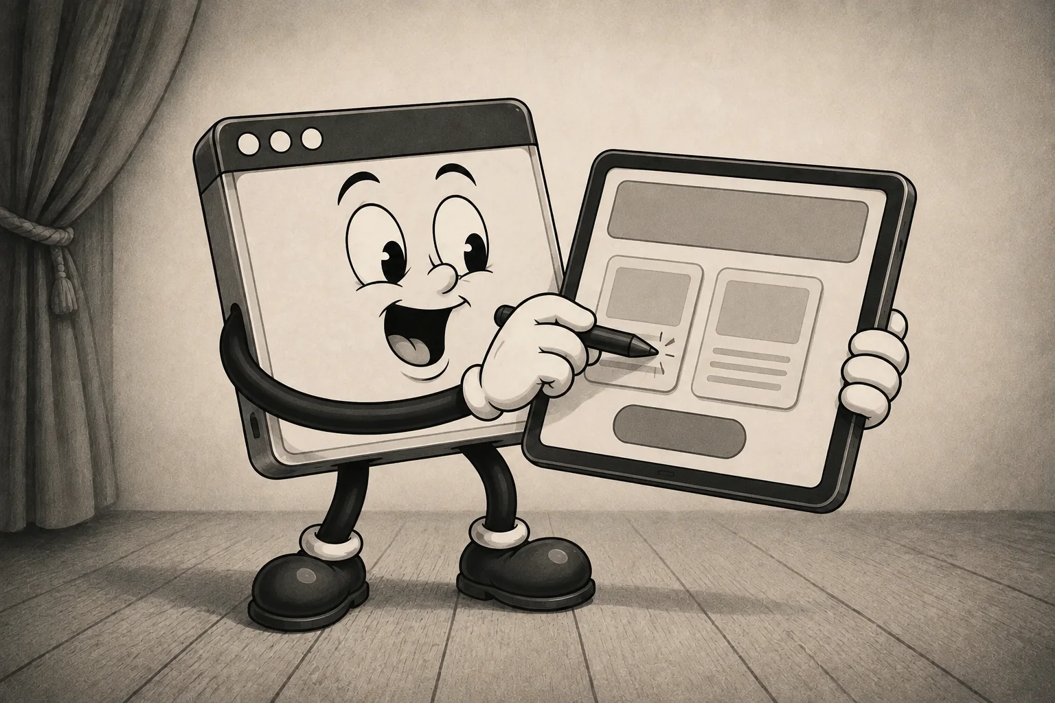 A happy browser-window character uses a stylus to arrange a clean digital product interface on a tablet