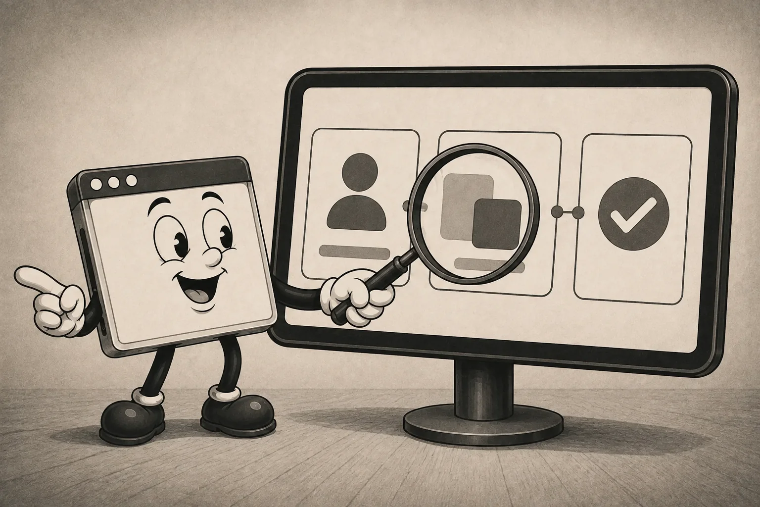 A happy browser-window character uses a magnifying glass to inspect the crowded middle step in a simple digital user journey