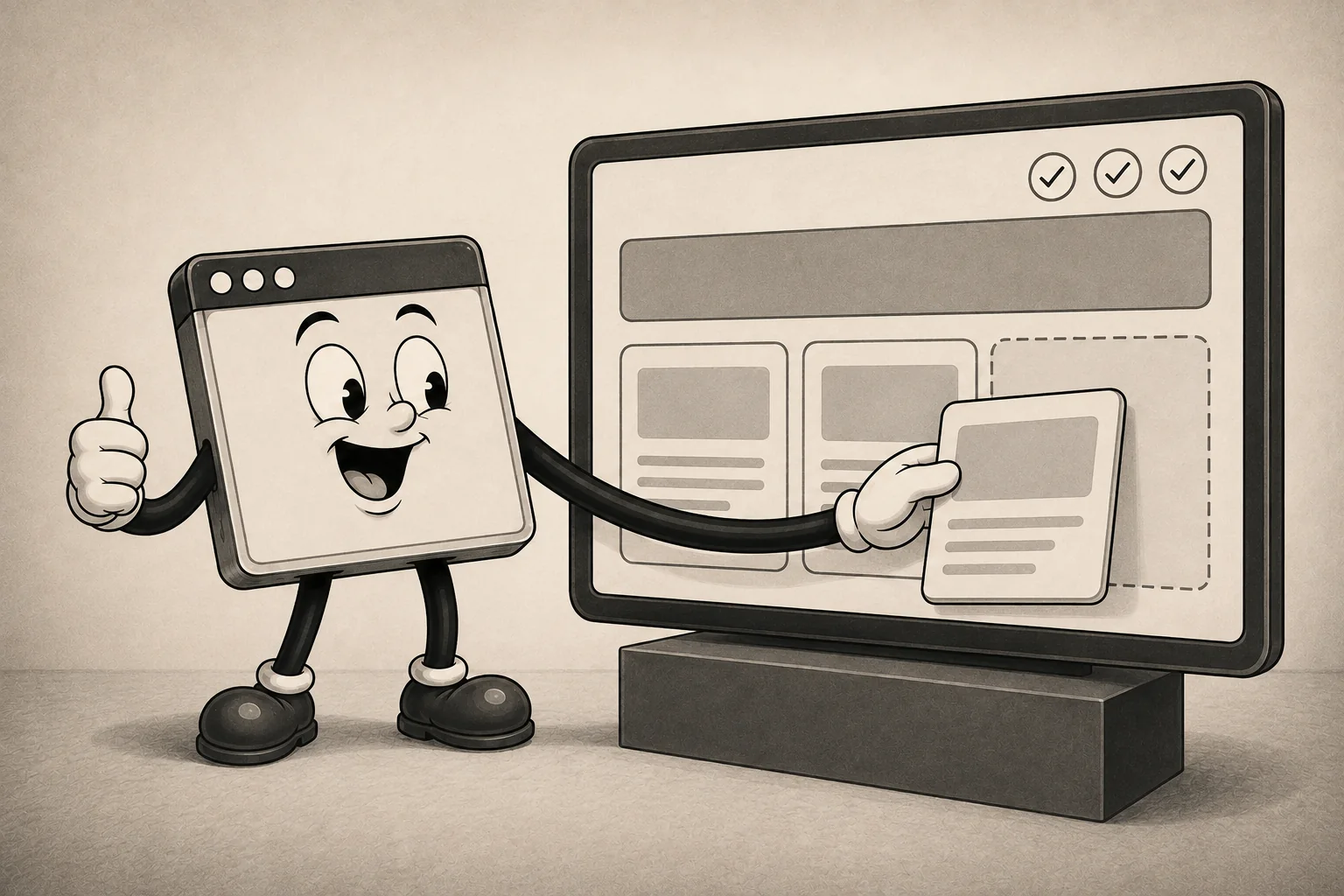 A happy browser-window character adds a new card to a healthy live product dashboard