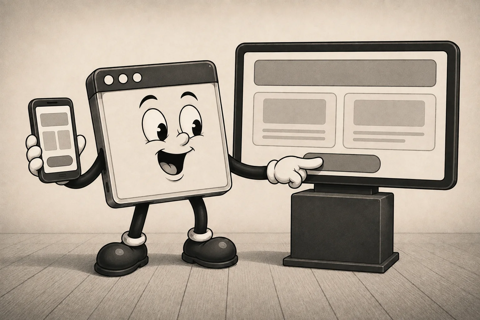 A happy browser-window character tests the same interface on a phone and a larger display