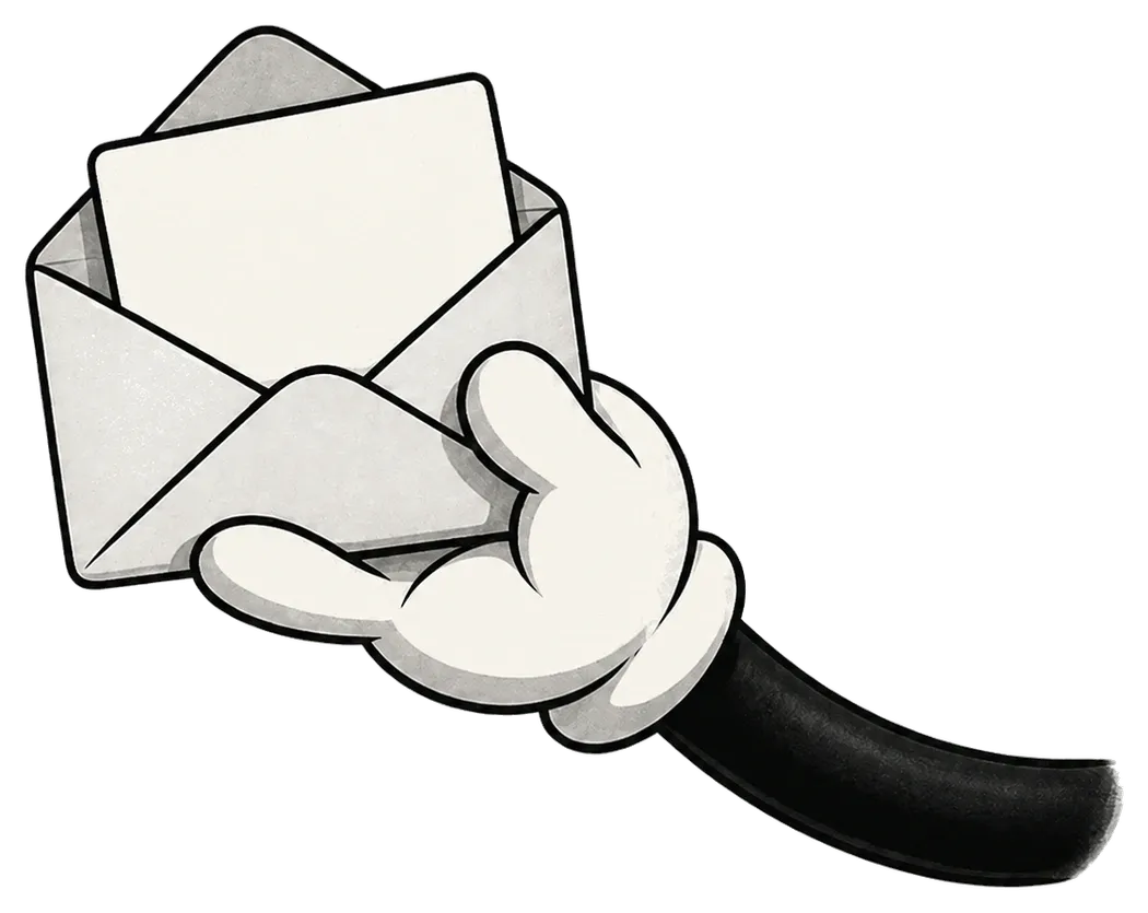 A white-gloved hand offers an open envelope with a blank card inside
