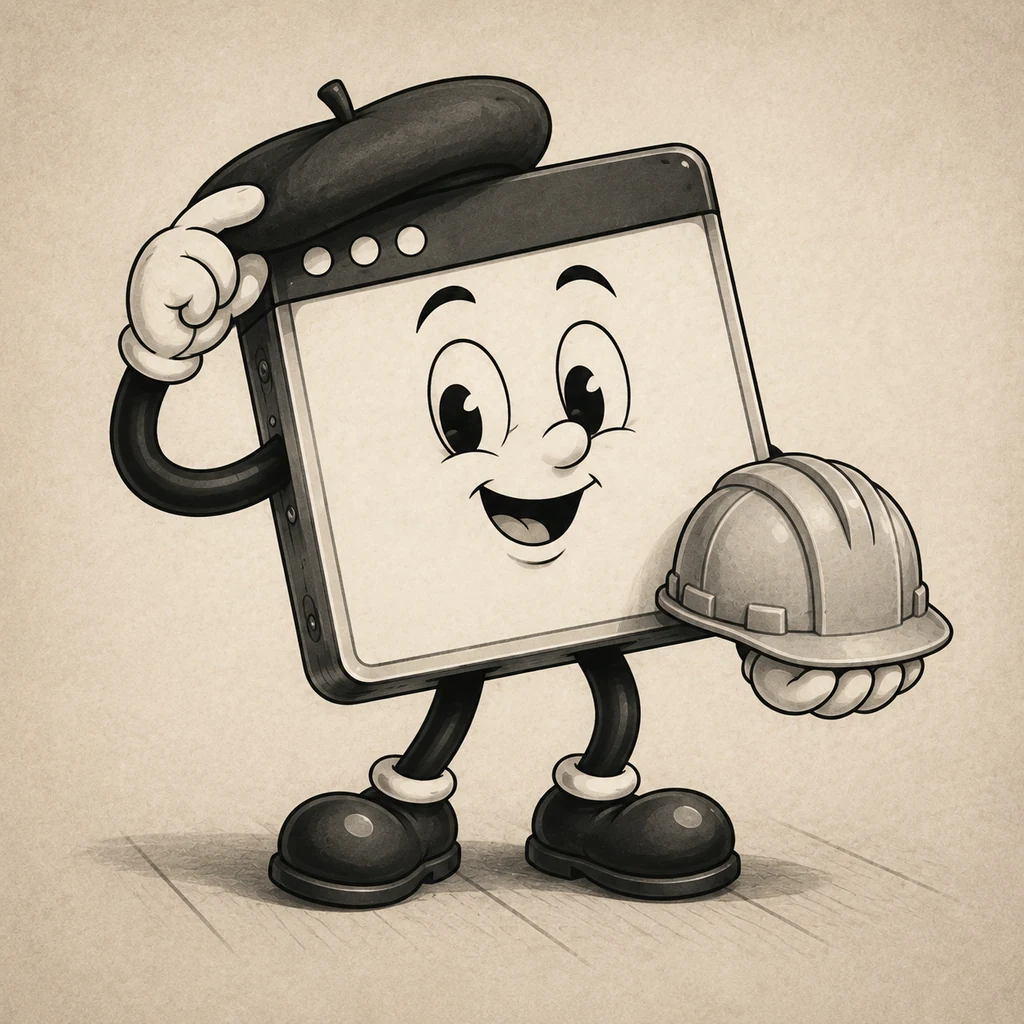 A browser-window character tips a designer's beret while holding a builder's hard hat