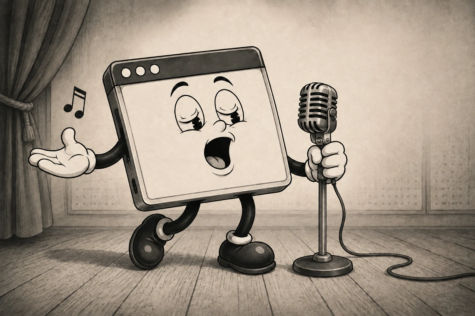 A browser-window character sings into a vintage microphone on a small wooden stage