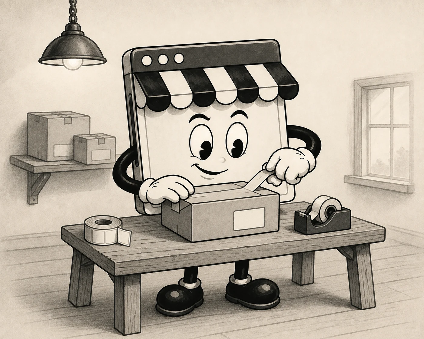A browser-window shopkeeper with a striped awning carefully seals a parcel at a packing table